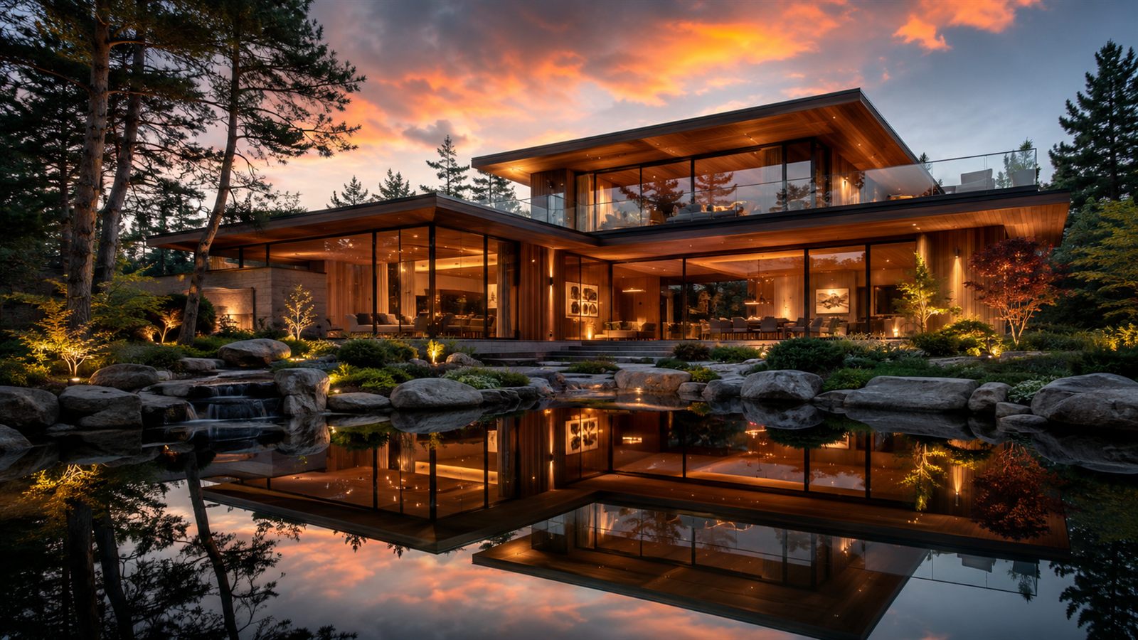 Modern wood-and-glass house at sunset reflected in a pond